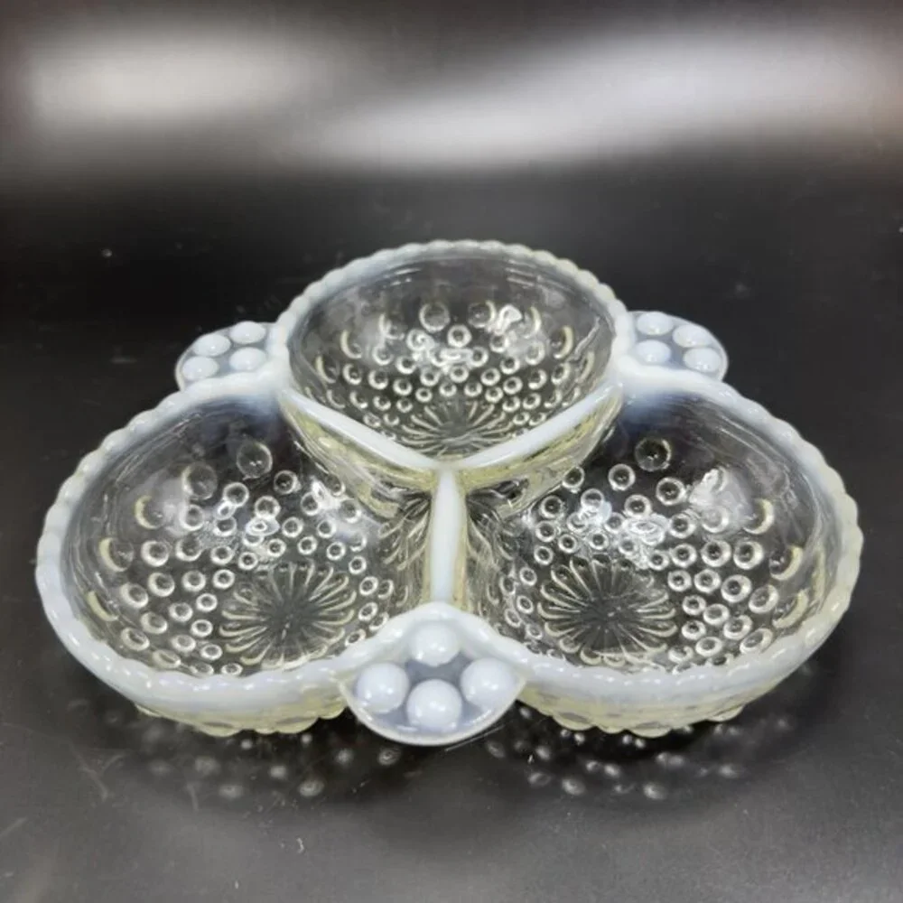 Anchor Hocking Moonstone Clear Opalescent Hobnail Relish Dish 3 Parts Glass Dish